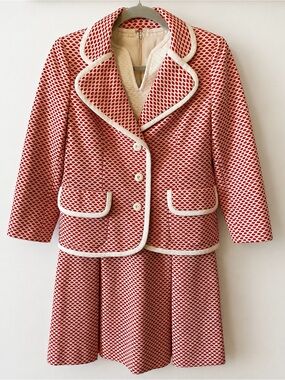 Vintage I.Magnin Red and White Textured Two-Piece Dress Set S/M